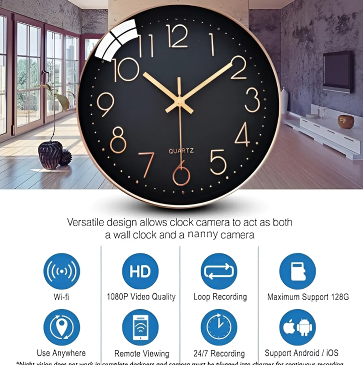 Cámara Espía Reloj De Pared Wifi Hd - Dorado Oscuro