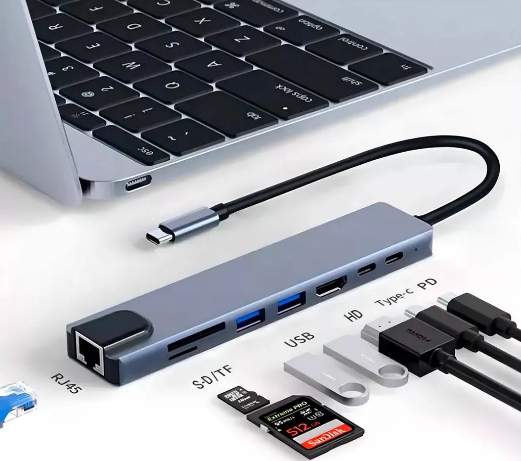Adaptador Hub 8 En 1 Hdmi, Usb 3.0, Tipo C, Rj45 100 Mbps.