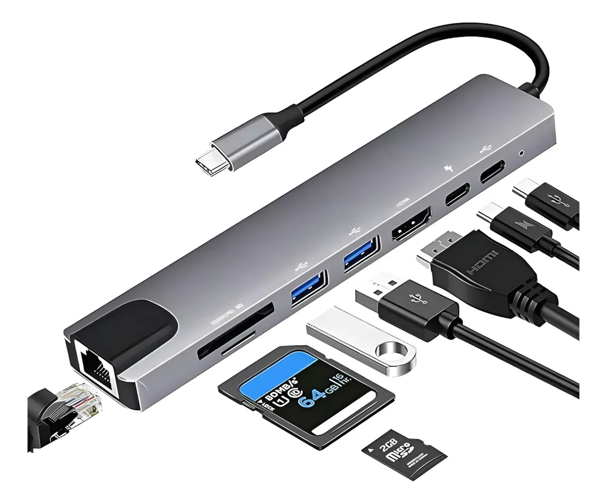 Adaptador Hub 8 En 1 Hdmi, Usb 3.0, Tipo C, Rj45 100 Mbps.